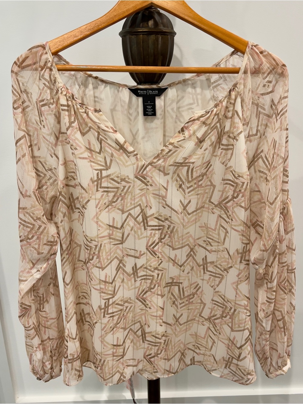 White House Black Market Cream Blush Geometric V-Neck Blouse